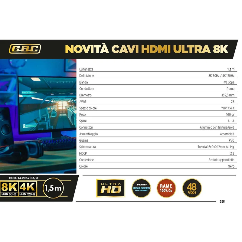 GBC Cavo HDMI 2.1 da 1,5 metri, supporta 8K a 60Hz, velocità ultra elevata 48 Gbps con ethernet , connettori placcati in oro