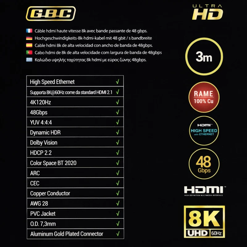GBC Cavo HDMI 2.1 da 3 metri, supporta 8K a 60Hz, velocità ultra elevata 48 Gbps con ethernet , connettori placcati in oro