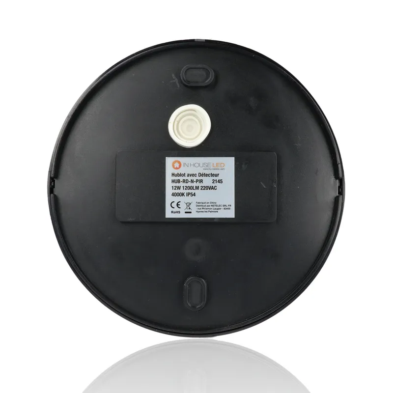 Plafoniera LED tonda con rilevatore di presenza, 12W, 220Vac, Luce Naturale, Nera