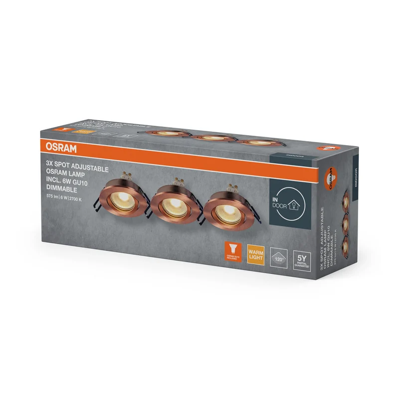 Set faretti da incasso OSRAM LED Spot Recess GU10 Dim orientabile Click 6W Ottone rosso ⌀68 mm