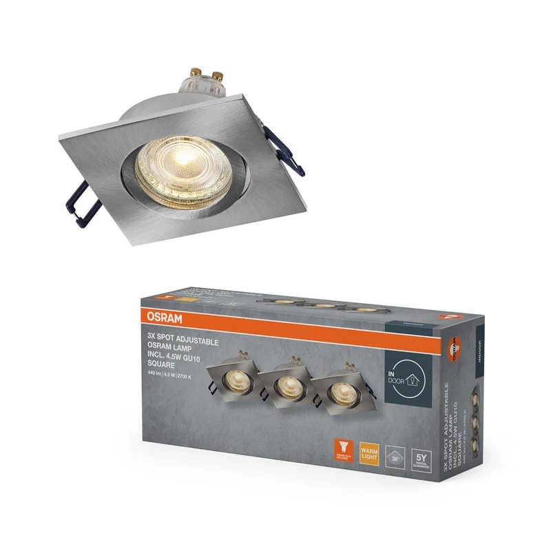 Set faretti da incasso OSRAM LED Spot Recess GU10 orientabile Square Click 4,5W 827 Nichel satinato ⌀68 mm