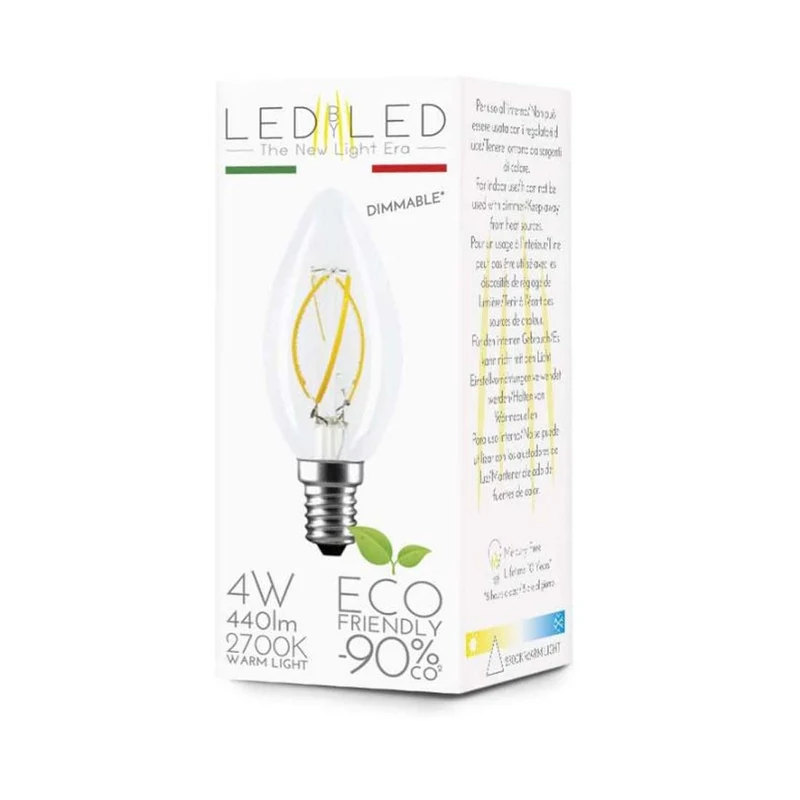 LEDbyLED Lampadina LED Oliva a filamento 4 W, E14, C35, 3.5 x 9.9 cm, dimmerabile