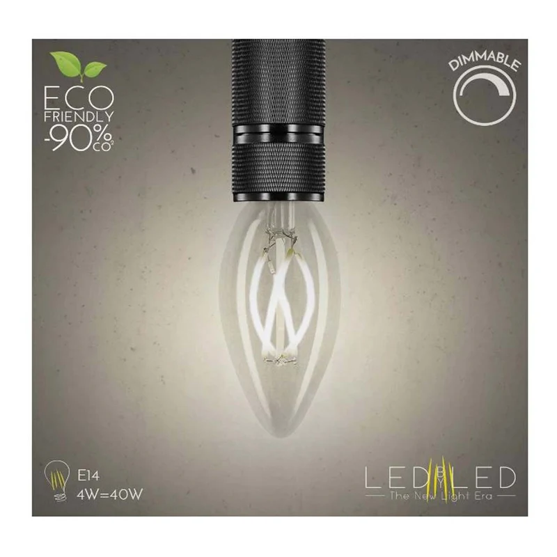 LEDbyLED Lampadina LED Oliva a filamento 4 W, E14, C35, 3.5 x 9.9 cm, dimmerabile