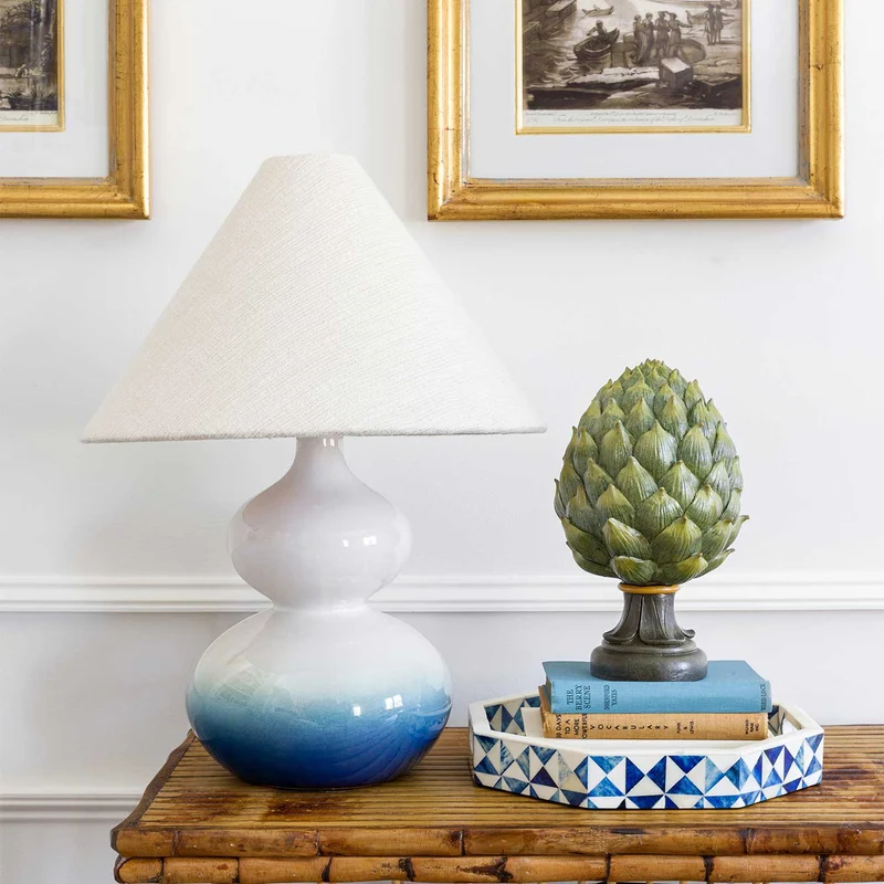 Aimee - Lampe à poser en céramique bleue et lin, style contemporain