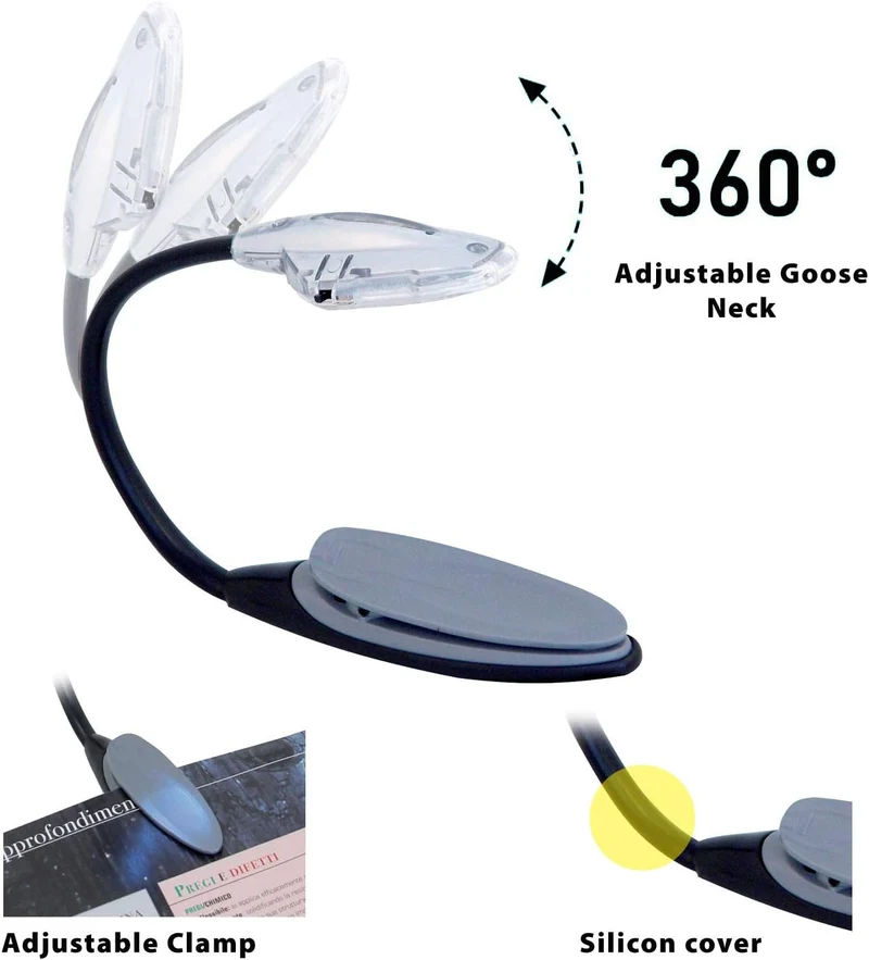 Velamp Lampada led da lettura, con braccio flessibile e clip universale, luce da libro, luce da lettura per libro