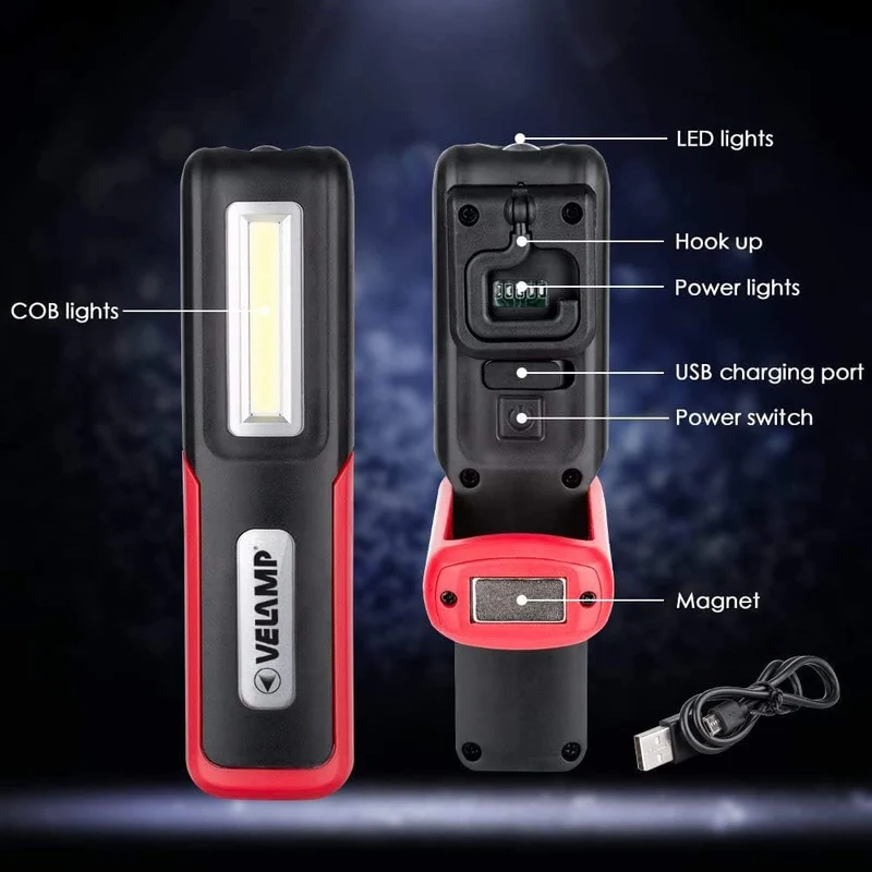 Velamp torcia led ricaricabile, lampada da lavoro multifunzione, torcia con tecnologia COB, con gancio e magnete
