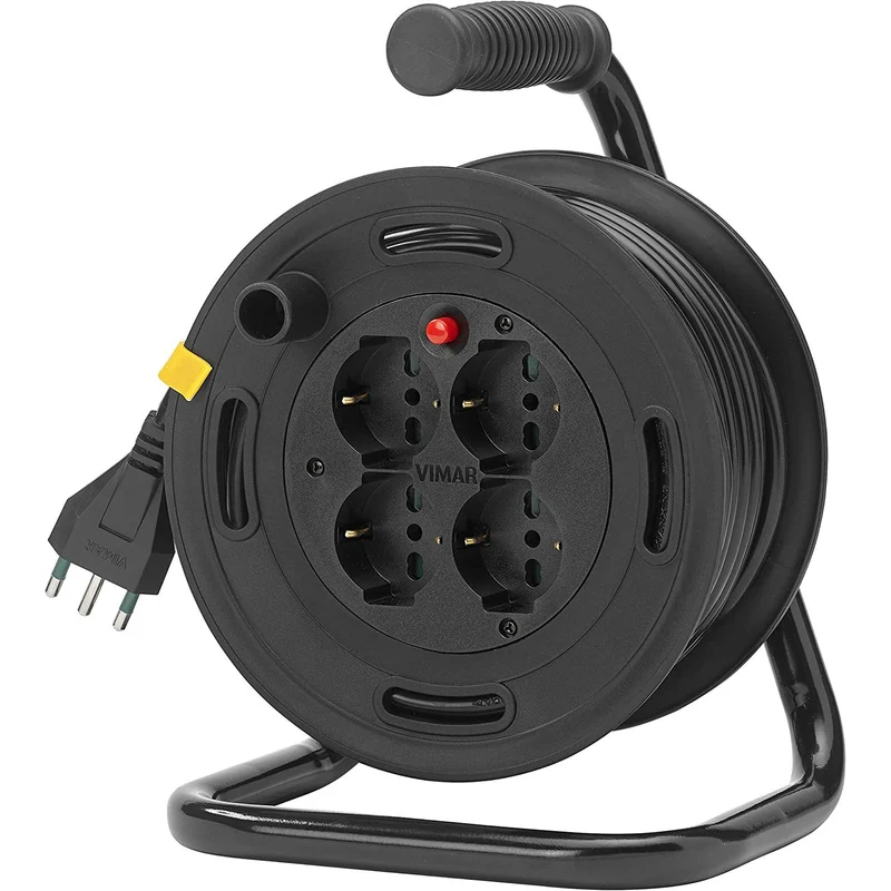 VIMAR Avvolgicavo 16A 230V, con spina S17 2P+T e 4 prese universali tipo P40, cavo lungo 15m, disgiuntore termico di protezione contro sovraccarico