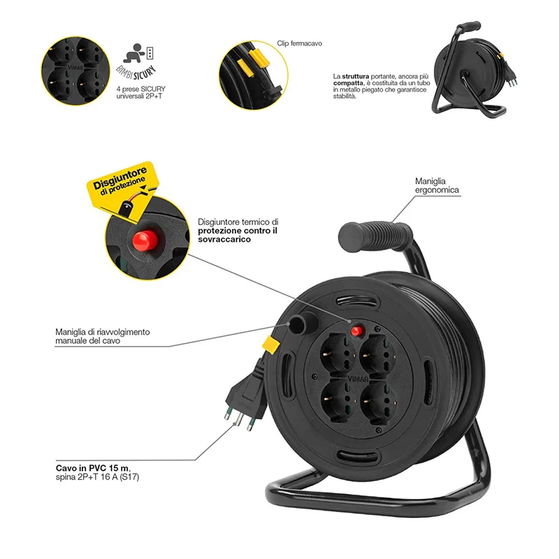 VIMAR Avvolgicavo 16A 230V, con spina S17 2P+T e 4 prese universali tipo P40, cavo lungo 15m, disgiuntore termico di protezione contro sovraccarico