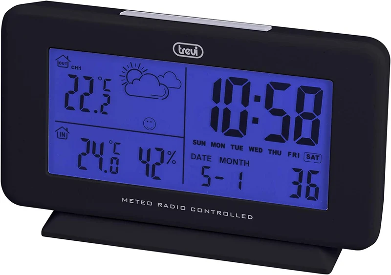 Trevi Stazione Meteo Radiocontrollata con Sensore Esterno Senza Fili, Temperatura, Sveglia/Calendario, Nero