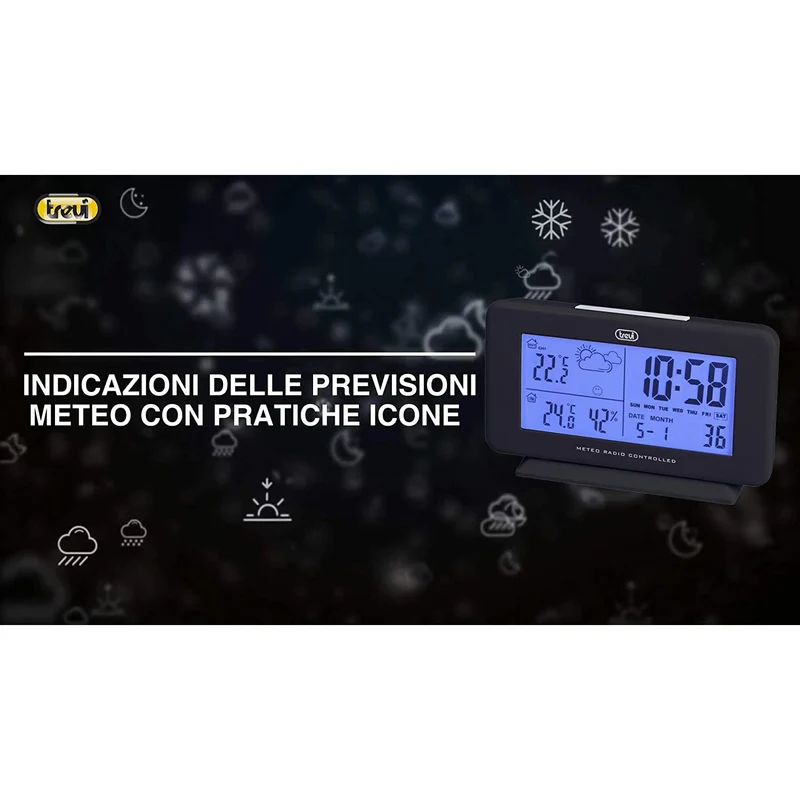 Trevi Stazione Meteo Radiocontrollata con Sensore Esterno Senza Fili, Temperatura, Sveglia/Calendario, Nero
