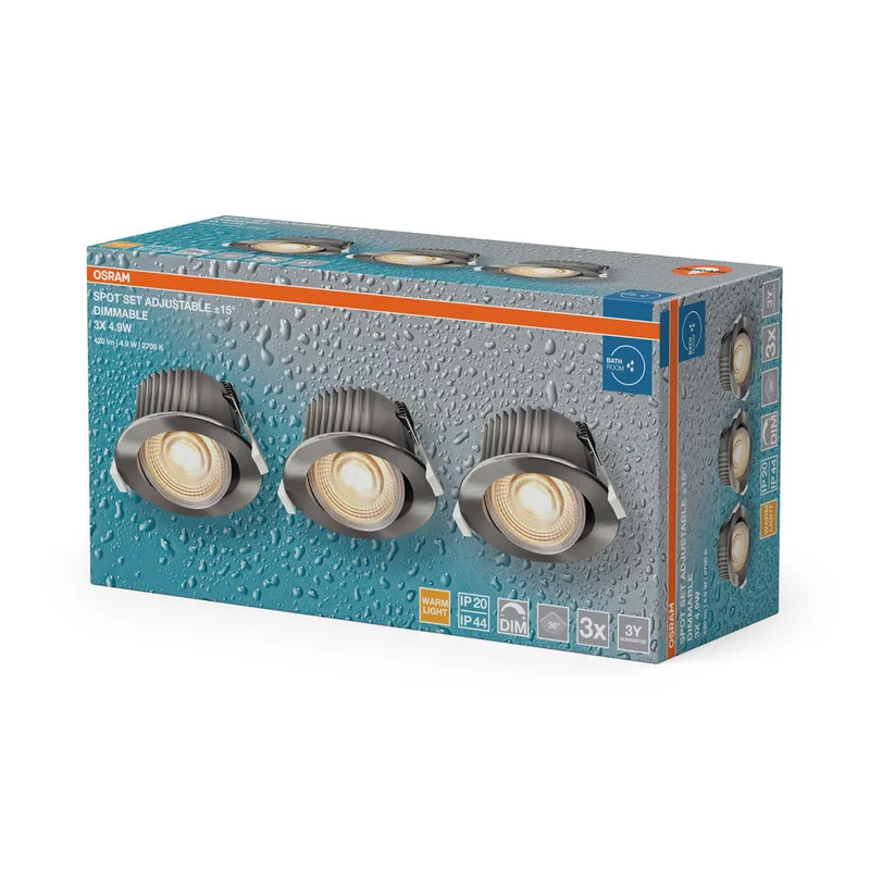 Set faretti da incasso per bagno OSRAM LED Spot Recess DIM IP44 orientabile 4,9W 36° Nichel satinato ⌀68 mm