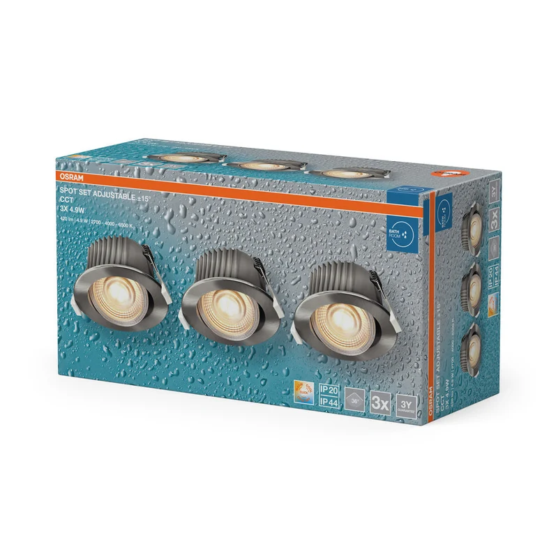 OSRAM Spot LED Recess Set Faretto da Incasso per Bagno CCT IP44 orientabile 4,9W 36° Nichel Satinato ⌀68 mm