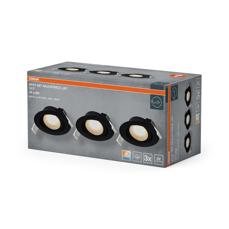 OSRAM Spot LED Recess Set Faretto da Incasso CCT orientabile 4,9W 120° Nero ⌀75 mm