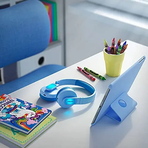 Philips TAK4206BL Cuffie over ear bluetooth wireless per bambini, LED colorati, App controllo genitori e limite di volume di 85dB, padiglioni morbidi