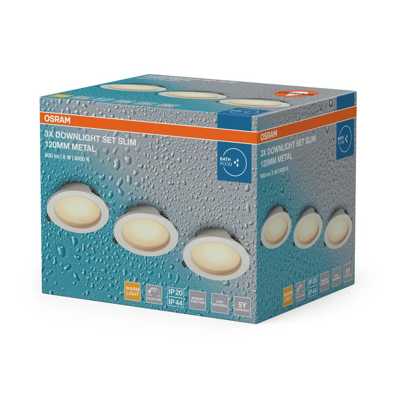 OSRAM LED Downlight set di faretti da incasso per bagno IP44 slim 120 mm 8W metallo bianco ⌀95 mm