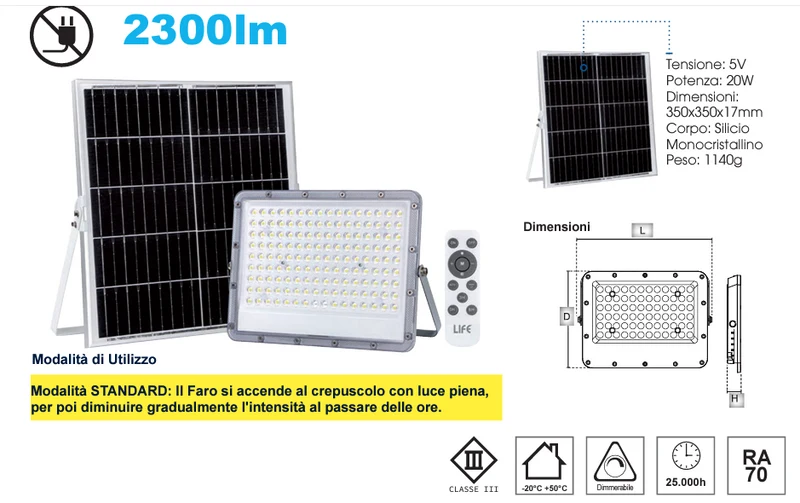 Proiettore LED Solare da Esterno Life FB2-200 20W 2300lm 4000K – 39.9FB2200N