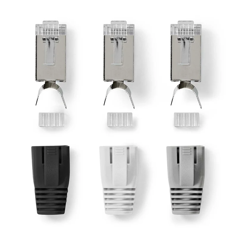 Nedis set 10 pezzi connettori RJ45, plug per cavi di rete CAT7 FTP, contatti placcati, guaina antirottura, grigio, nero e bianco