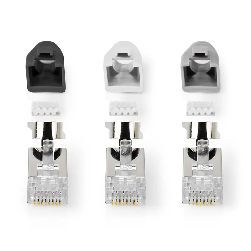 Nedis set 10 pezzi connettori RJ45, plug per cavi di rete CAT7 FTP, contatti placcati, guaina antirottura, grigio, nero e bianco
