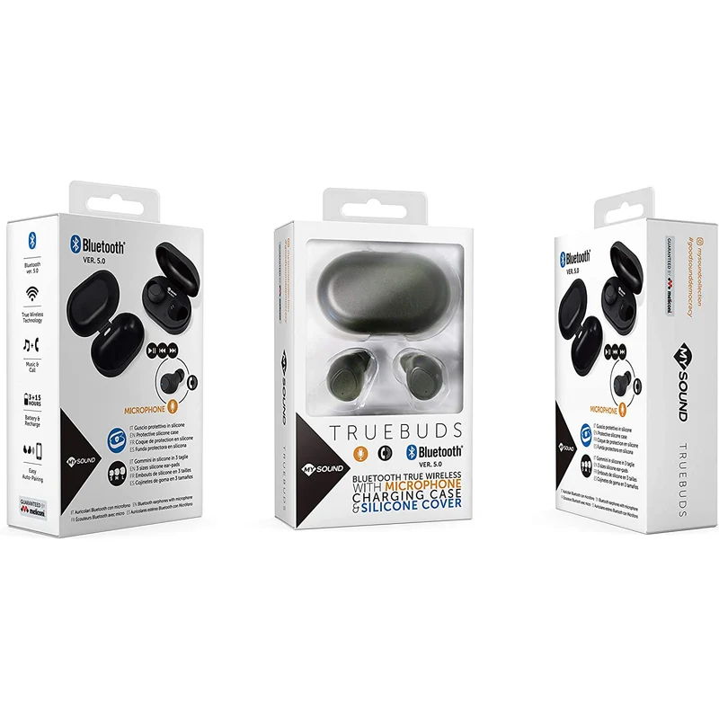 Mysound True Buds, auricolare in-ear easy fit wireless Bluetooth 5.0, con guscio di protezione in silicone per il case di ricarica e gommini sostitutivi