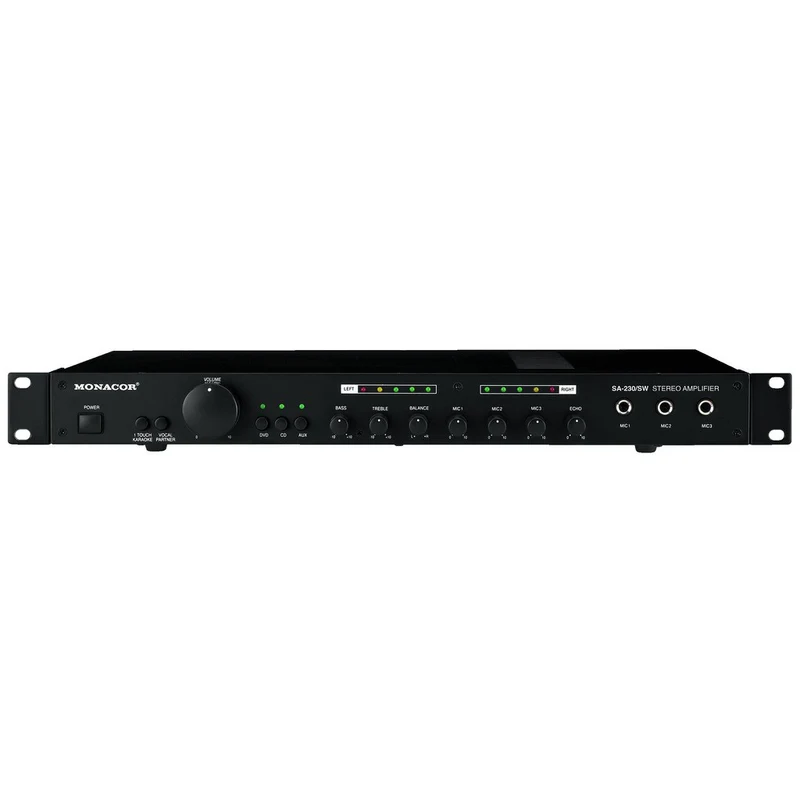 Monacor Amplificatore stereo universale, amplificatore mixer stereo, amplificatore audio stereo, amplificatore audio, funzione karaoke e partner vocale