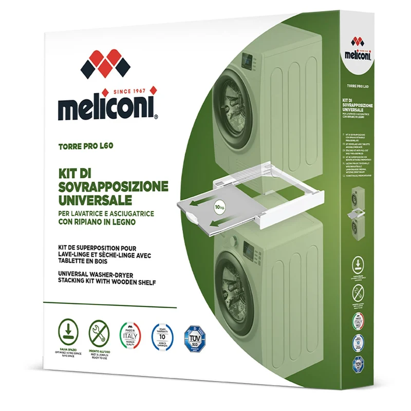 Meliconi Kit di sovrapposizione universale per lavatrice e asciugatrice con ripiano estraibile e cinghia di sicurezza inclusa, made in Italy