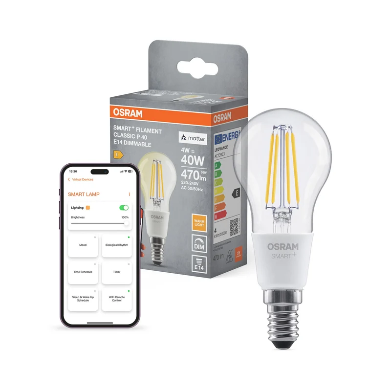 OSRAM Matter SMART+ lampadina LED intelligente, forma classica, 4W, 2700K, bianco caldo, E14