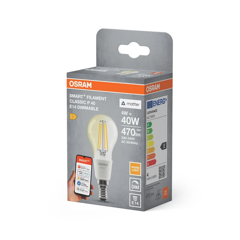 OSRAM Matter SMART+ lampadina LED intelligente, forma classica, 4W, 2700K, bianco caldo, E14