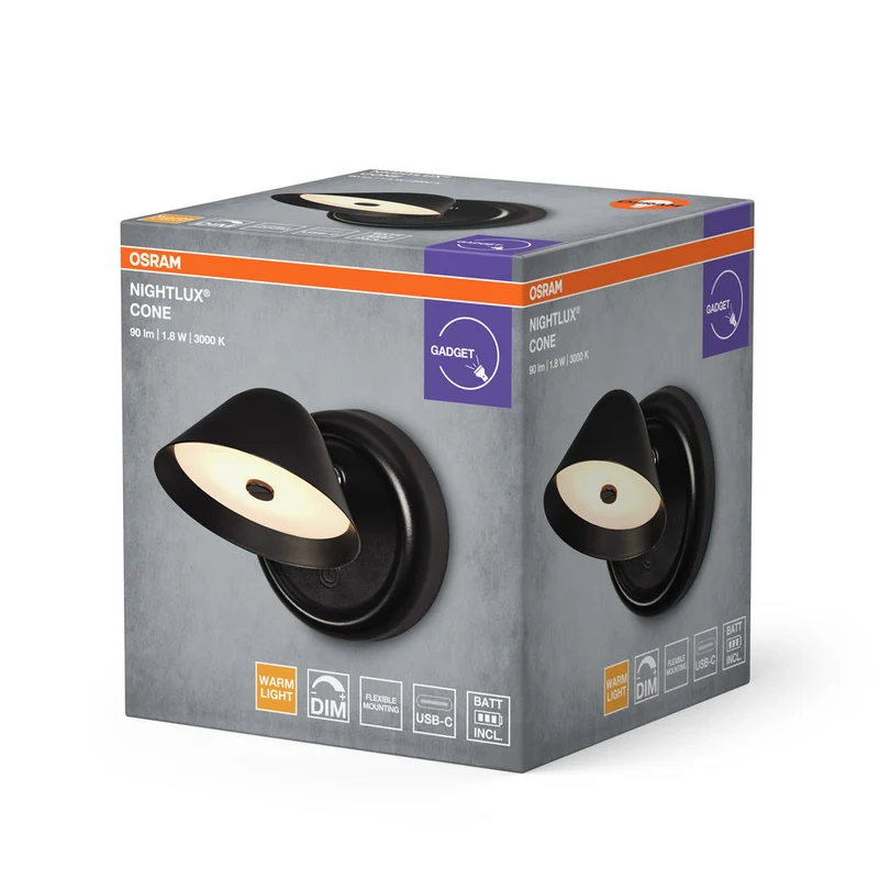 OSRAM NIGHTLUX CONE Dimmerabile Lampada Ricaricabile USB Nera