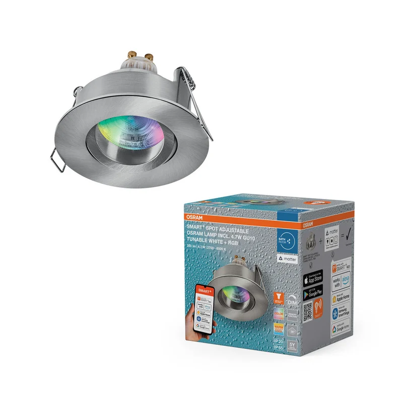 OSRAM Matter SMART+ LED faretto da incasso intelligente per bagno GU10 IP65 orientabile 4.7W RGBW satinato nichel ⌀68 mm