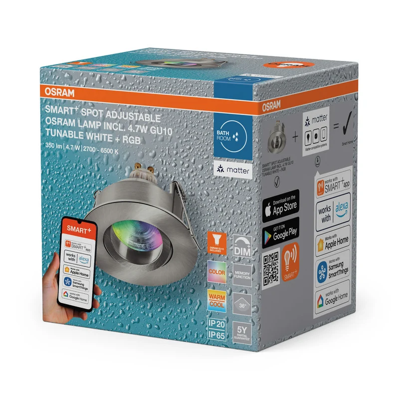 OSRAM Matter SMART+ LED faretto da incasso intelligente per bagno GU10 IP65 orientabile 4.7W RGBW satinato nichel ⌀68 mm