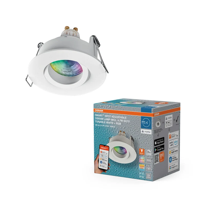 OSRAM Matter SMART+ LED faretto da incasso intelligente per bagno GU10 IP65 orientabile 4.7W RGBW bianco ⌀68 mm