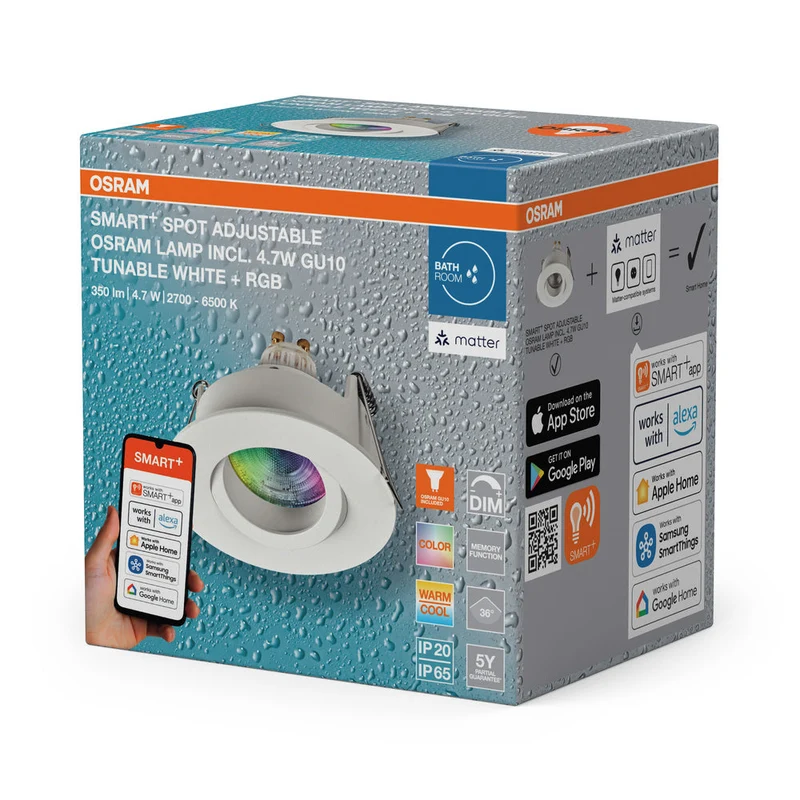OSRAM Matter SMART+ LED faretto da incasso intelligente per bagno GU10 IP65 orientabile 4.7W RGBW bianco ⌀68 mm