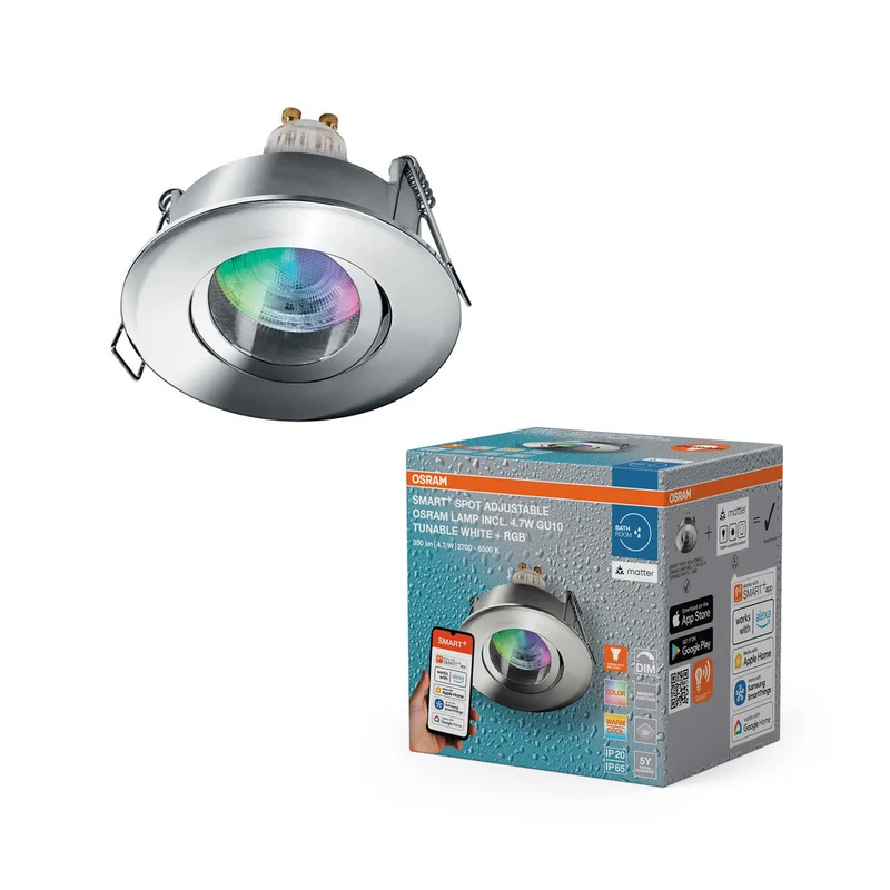 OSRAM Matter SMART+ LED faretto da incasso intelligente per bagno GU10 IP65 orientabile 4.7W RGBW cromo ⌀68 mm
