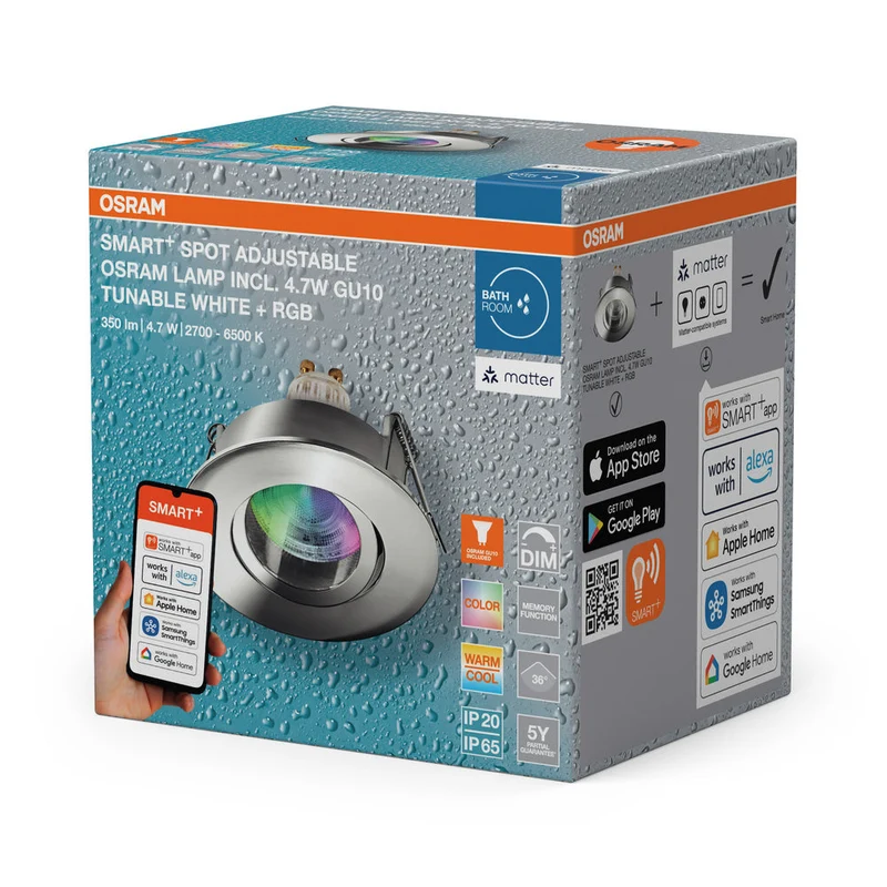 OSRAM Matter SMART+ LED faretto da incasso intelligente per bagno GU10 IP65 orientabile 4.7W RGBW cromo ⌀68 mm