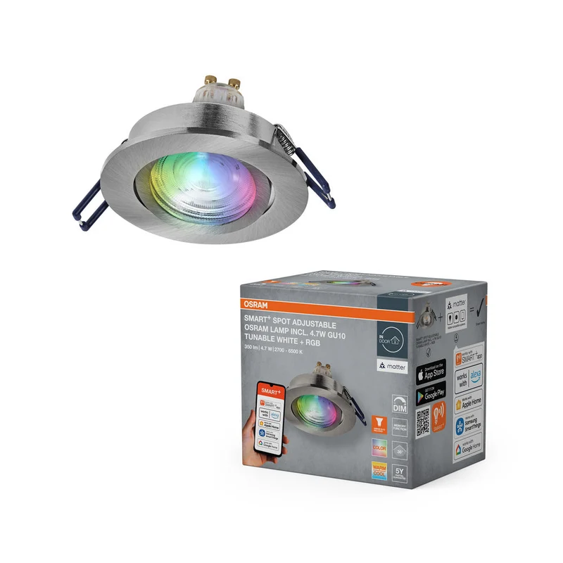 OSRAM Matter SMART+ LED faretto da incasso intelligente per bagno GU10 orientabile 4.7W RGBW satinato nichel ⌀68 mm