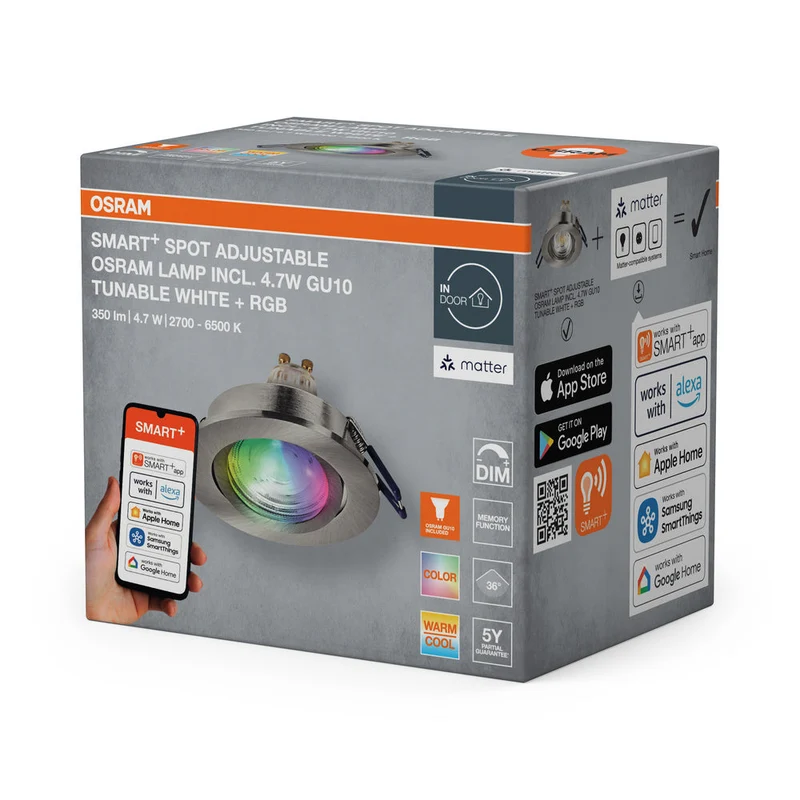 OSRAM Matter SMART+ LED faretto da incasso intelligente per bagno GU10 orientabile 4.7W RGBW satinato nichel ⌀68 mm
