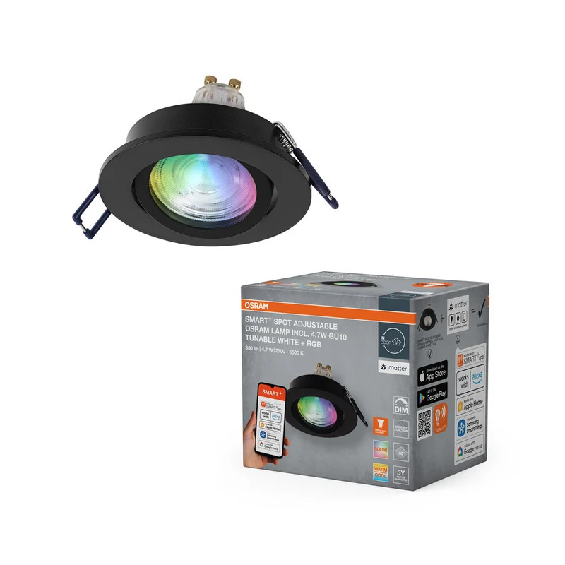 OSRAM Matter SMART+ LED faretto da incasso intelligente per bagno GU10 orientabile 4.7W RGBW nero ⌀68 mm