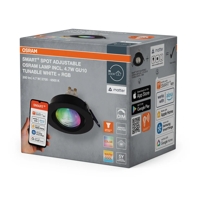 OSRAM Matter SMART+ LED faretto da incasso intelligente per bagno GU10 orientabile 4.7W RGBW nero ⌀68 mm