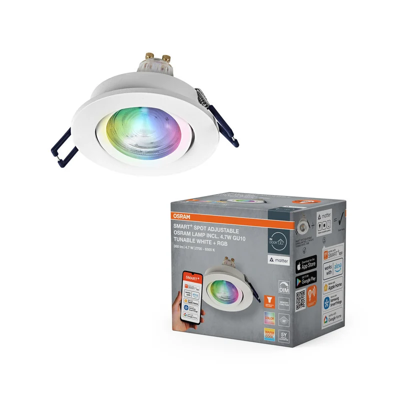 OSRAM Matter SMART+ LED faretto da incasso intelligente per bagno GU10 orientabile 4.7W RGBW bianco ⌀68 mm