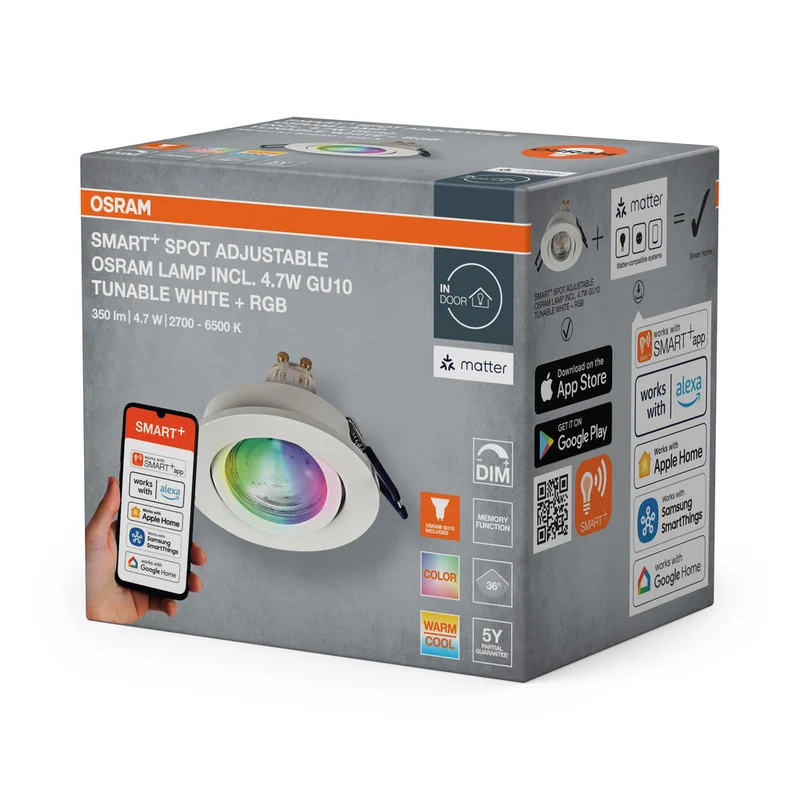 OSRAM Matter SMART+ LED faretto da incasso intelligente per bagno GU10 orientabile 4.7W RGBW bianco ⌀68 mm