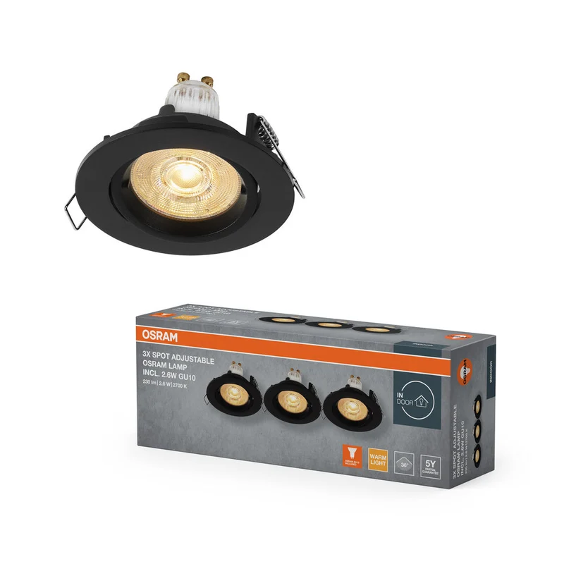 Set faretti da incasso OSRAM LED Spot Recess Twistlock GU10 orientabile 2,6W 827 Nero ⌀75 mm