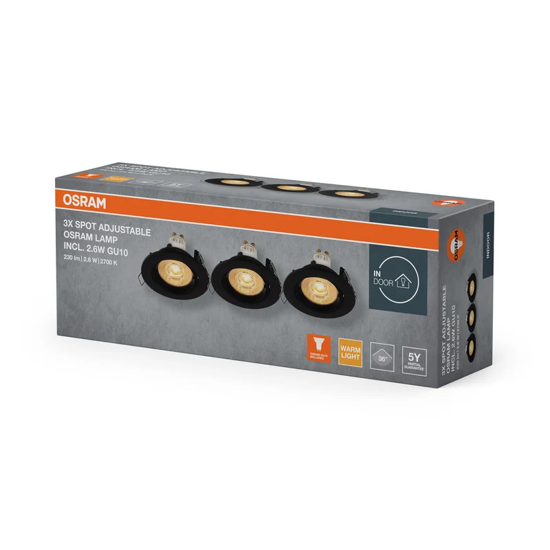 Set faretti da incasso OSRAM LED Spot Recess Twistlock GU10 orientabile 2,6W 827 Nero ⌀75 mm