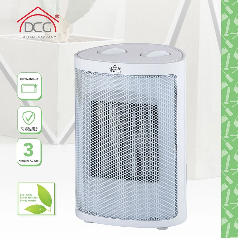 DCG Stufa con elementi riscaldanti in ceramica, design elegante, stufetta elettrica con termostato regolabile