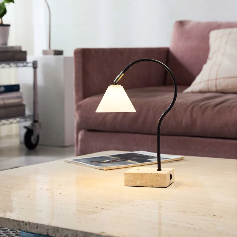Question - Lampe sans fil LED en verre, acier et travertin, style contemporain