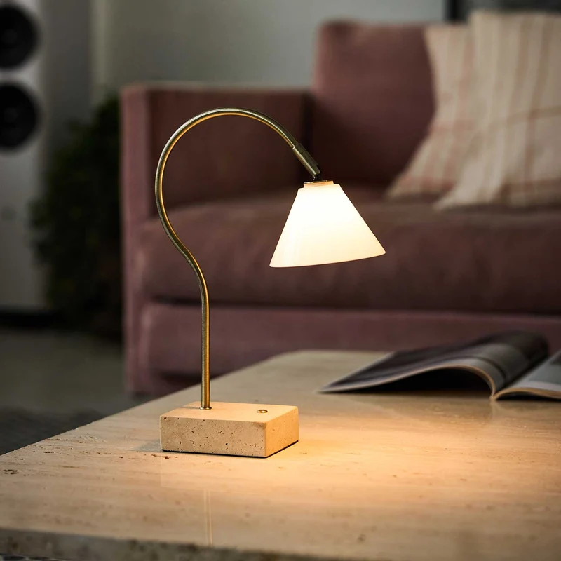 Question - Lampe sans fil LED en verre, acier et travertin, style contemporain