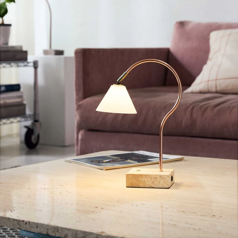 Question - Lampe sans fil LED en verre, acier et travertin, style contemporain