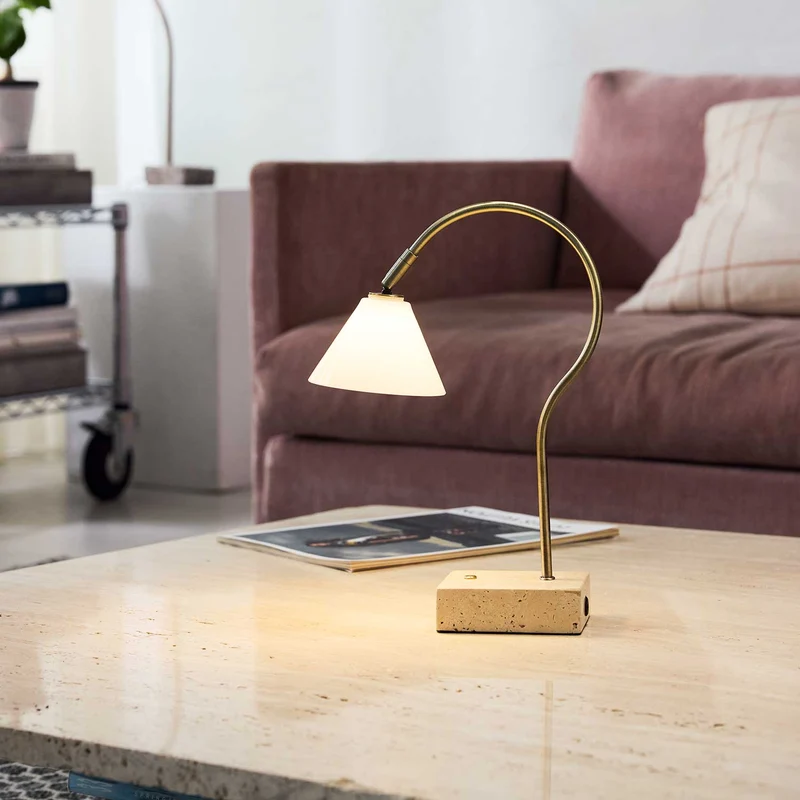 Question - Lampe sans fil LED en verre, acier et travertin, style contemporain