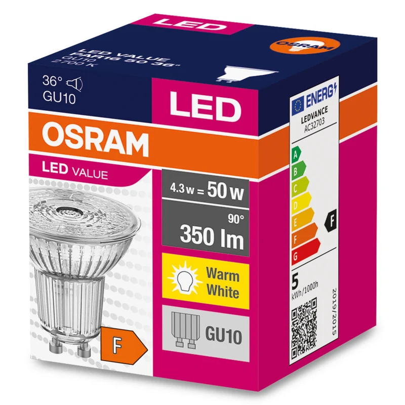 OSRAM LED Faretto Value PAR16 50 36° 4.3W 827 GU10, Bianco caldo