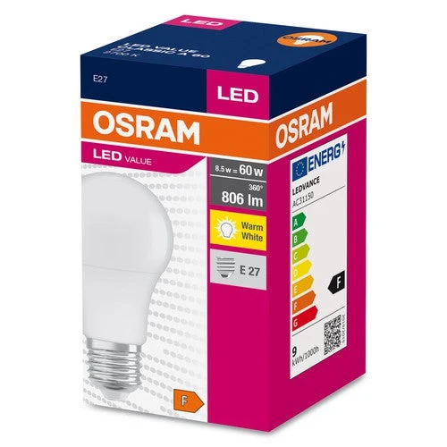 OSRAM LED VALORE CLASSICO A Lampadina 60 FR 8.5 W/2700 K E27, Bianco caldo