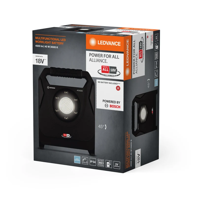 LEDVANCE LAMPADA DA LAVORO - Bosch Power for All Alliance - BATTERIA Faretto da esterno incl. Powerbank, 18V, 45W, 6500K Click-DIM